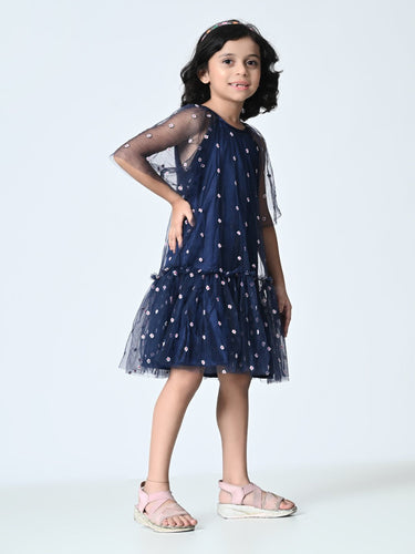 Girls Embellished Print Net Drop - Waist Dress - RueCollections